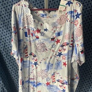 Kim Rogers NWT White and Blue Patriotic Print Women's Plus Size 4X Top